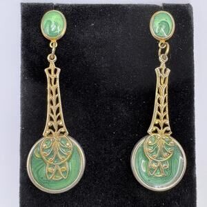 Art Deco Inspired Vintage Style Long Green/Gold Tone Drop Earrings Enamel Discs